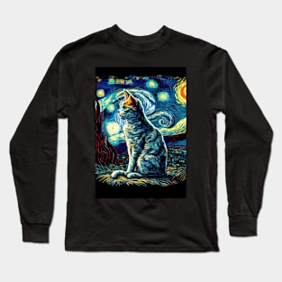 Cool Cat Portrait - Van Gogh The Starry Night Style Long Sleeve T-Shirt